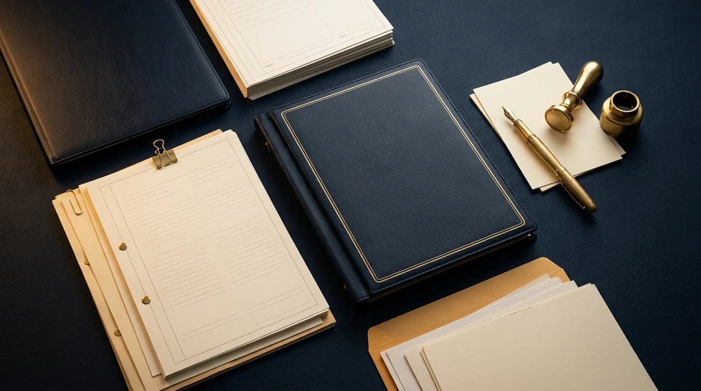 Hồ sơ pháp lý sắp xếp gọn gàng và bút vàng trên bàn navy